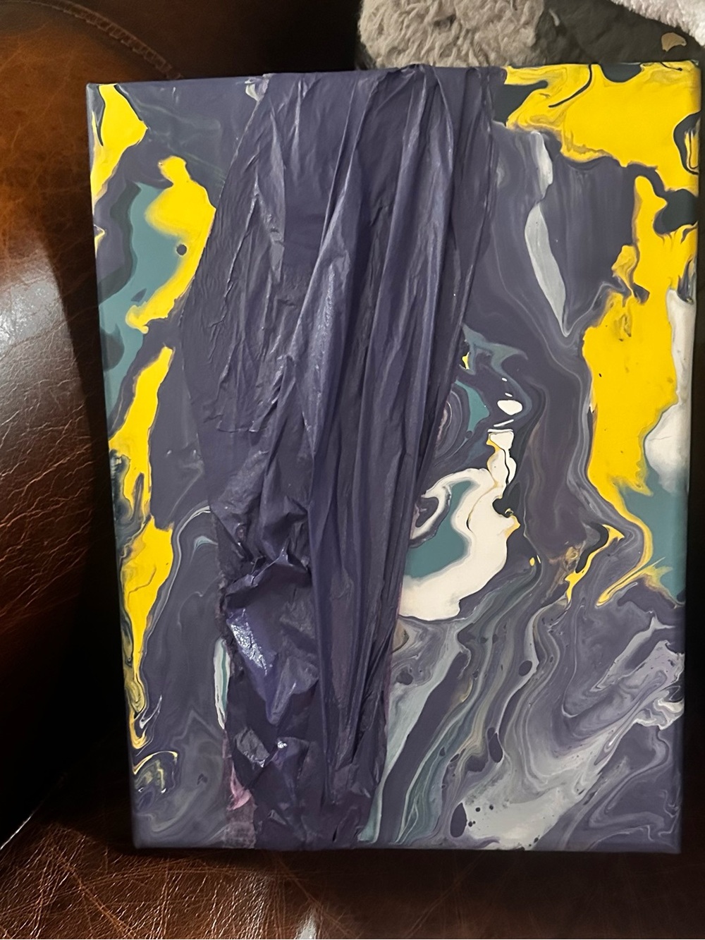 Hand crafted Abstract Pour Painting Canvas in Purple, Yellow, Teal, White - Picture 5 of 8